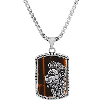Men's stainless steel and tiger eye Lion head dog tag pendant