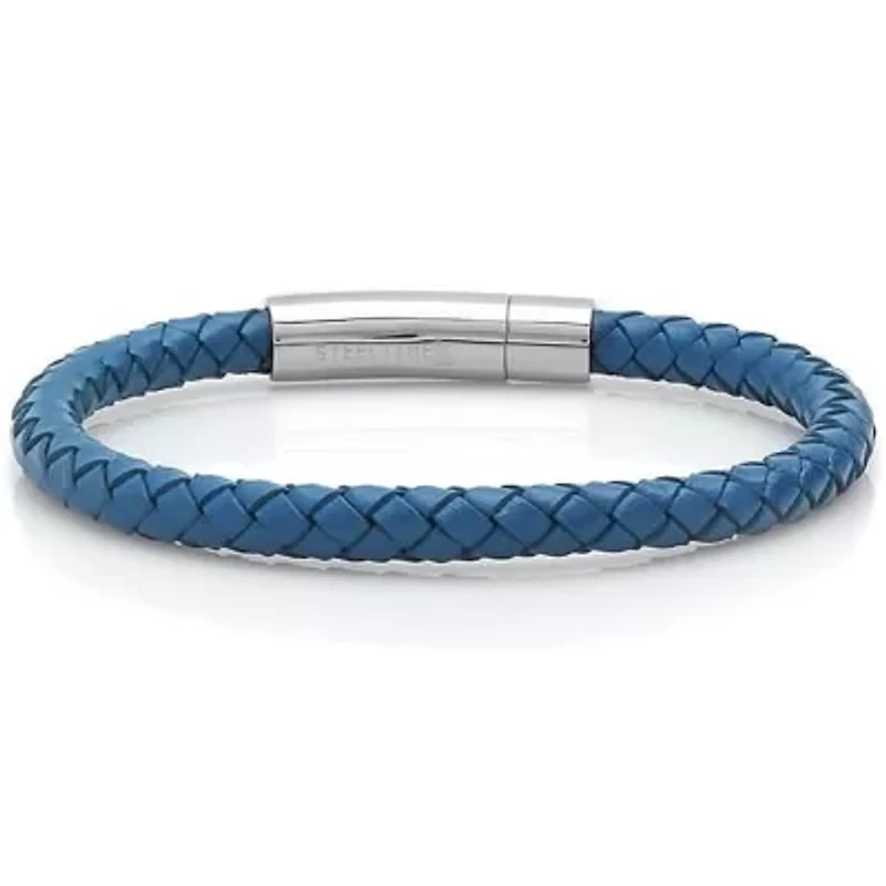 Men's genuine leather 8.5" braided bracelet gray push n pull closure