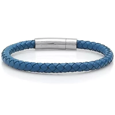 Men's genuine leather 8.5" braided bracelet gray push n pull closure