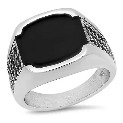 Lab Created Men's stainless steel simulated onyx and black diamonds ring