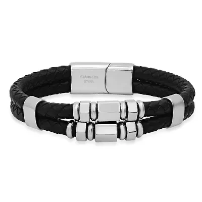 Men's braided black leather and two tone 18k gold plated & black ip stainless steel beads layered bracelet