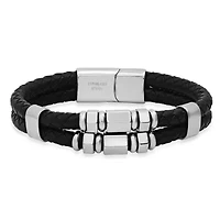 Men's braided black leather and two tone 18k gold plated & black ip stainless steel beads layered bracelet