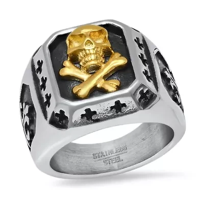 Men's two tone stainless steel and 18k gold plated skull ring