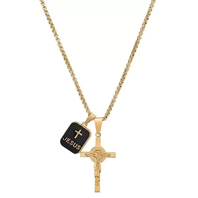 Men's18k gold plated stainless steel and black enamel dog tag & crucifix pendants