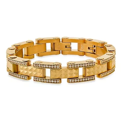 Lab Created Men's 18k gold plated stainless steel and simulated diamonds pyramid stud pattern link bracelet