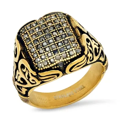 Lab Created Men's 18k gold plated stainless steel and black cz ring