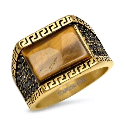 Lab Created Men's 18k gold plated stainless steel and tiger eye statement ring with black simulated diamond greek key.