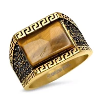 Lab Created Men's 18k gold plated stainless steel and tiger eye statement ring with black simulated diamond greek key.