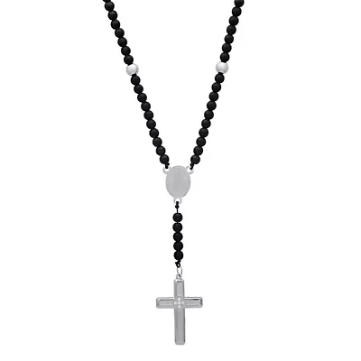 Men's black lava beads and stainless steel beads rosary