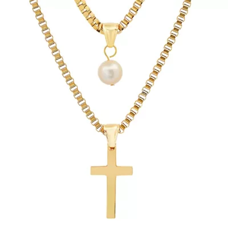 Men's stainless steel double row box chain with freshwater pearl and cross pendants