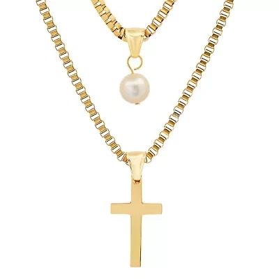 Men's stainless steel double row box chain with freshwater pearl and cross pendants