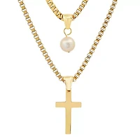 Men's stainless steel double row box chain with freshwater pearl and cross pendants
