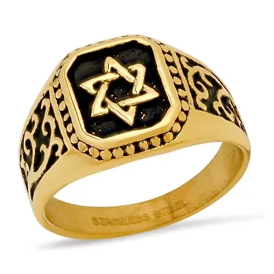 Men's two tone 18k gold plated stainless steel and black ip Star of David square ring