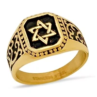 Men's two tone 18k gold plated stainless steel and black ip Star of David square ring