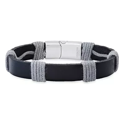 Men's blue leather, brown thread and stainless steel clasp bracelet