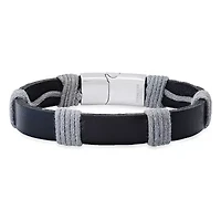 Men's blue leather, brown thread and stainless steel clasp bracelet