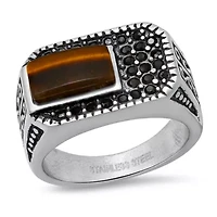 Lab Created Men's stainless steel, tiger eye and simulated diamonds ring