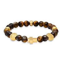 Men's genuine tiger eye beaded bracelet and stainless steel St. Benedict and cross charms