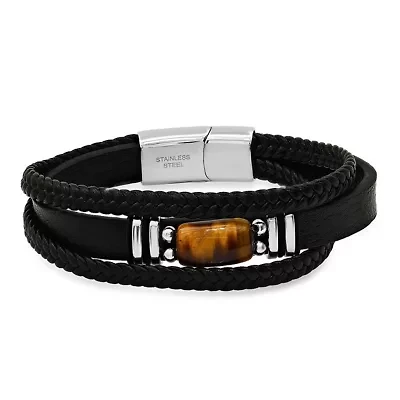 Men's braided layered leather, stainless steel and tiger eye accented bracelet