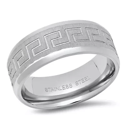 Men's stainless steel brushed band ring with greek key accents
