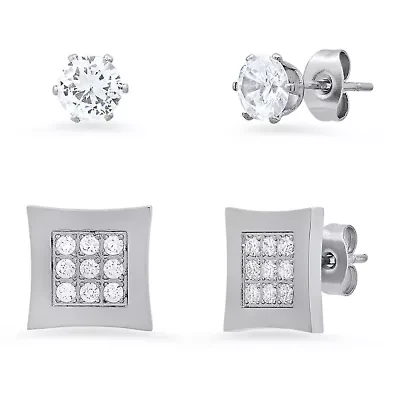 Lab Created Unisex stainless steel simulated diamonds round and square stud earrings set