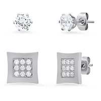 Lab Created Unisex stainless steel simulated diamonds round and square stud earrings set