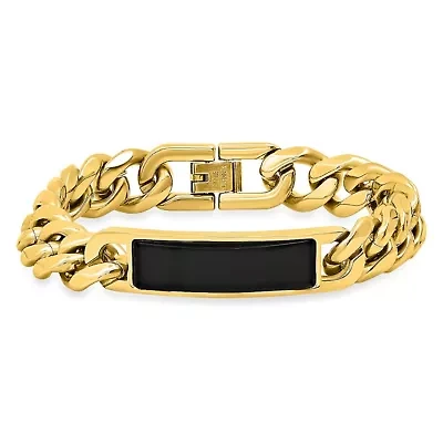 Men's 18k gold plated stainless steel with simulated onyx id cuban link bracelet