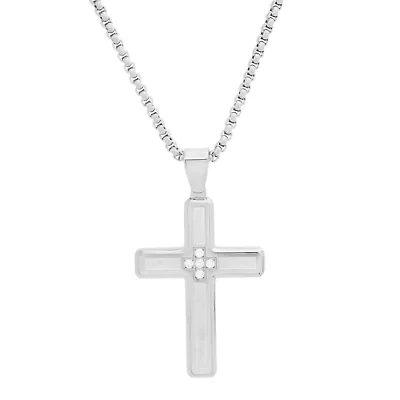 Lab Created Men's two tone stainless steel and black ip sand dusted cross pendant with simulated diamonds