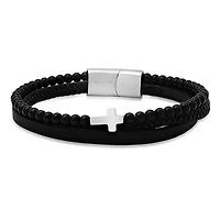 Men's brown leather, tiger eye beads and 18k gold plated stainless steel layered bracelet