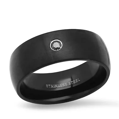 Lab Created Men's black ip stainless steel matte ring with simulated diamond