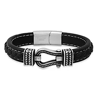 Men's brown braided inlay leather and stainless steel/black ip horseshoe bracelet