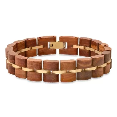 Men's 18k gold plated stainless steel and wood link bracelet