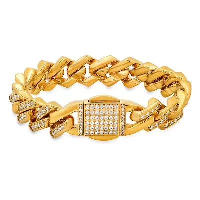 Lab Created Men's stainless steel and simulated diamonds ice out miami thick cuban link bracelet