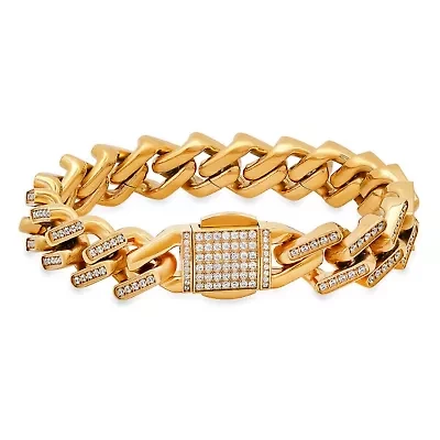 Lab Created Men's 18k gold plated stainless steel and simulated diamonds ice out miami cuban link bracelet