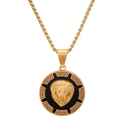 Lab Created Men's stainless steel, simulated black onyx & diamonds round lion's head pendant with greek key accents