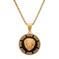 Lab Created Men's stainless steel, simulated black onyx & diamonds round lion's head pendant with greek key accents