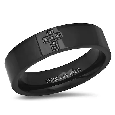 Lab Created Men's black ip stainless steel and simulated diamonds cross band ring
