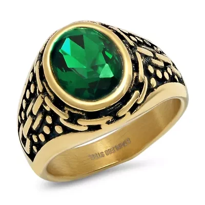 Lab Created Men's 18k gold plated stainless steel and simulated green diamond ring