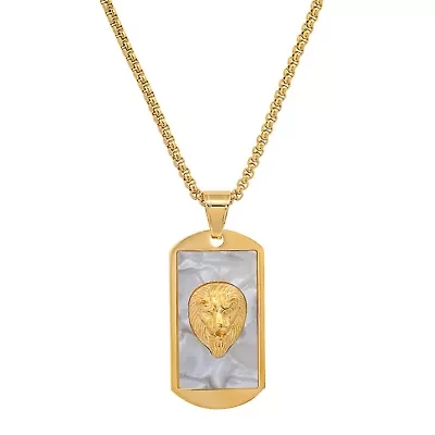 Men's 18k gold plated stainless steel and mother of pearl dog tag lion head pendant