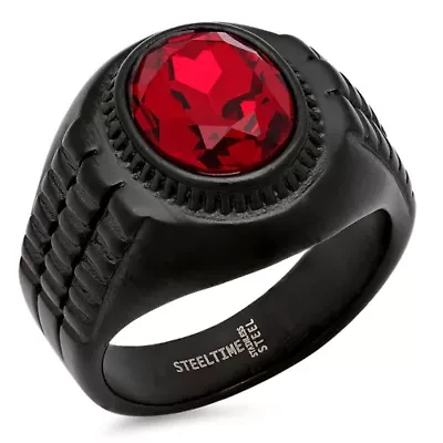 Men's black ip stainless steel simulated ruby ring