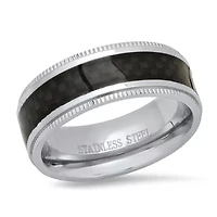 Men's stainless steel and black carbon figer inlay band ring