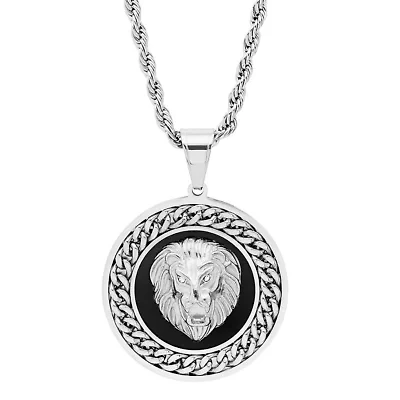Lab Created Men's 18k gold plated stainless steel/black enamel round lion head with cuban link chain accents and simulated diamonds pendant