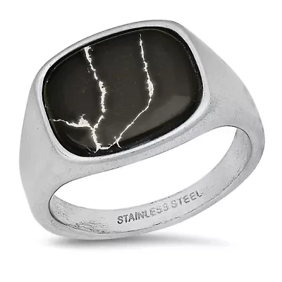 Men's stainless steel and black agate square ring