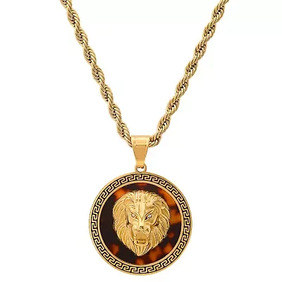 Lab Created Men's stainless steel tortoise and simulated diamonds round Lion head pendant with greek key accents