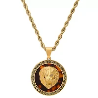 Lab Created Men's stainless steel tortoise and simulated diamonds round Lion head pendant with greek key accents