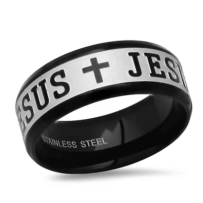 Men's two tone black ip and stainless steel "Jesus" words accented band ring