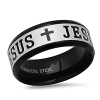 Men's two tone black ip and stainless steel "Jesus" words accented band ring