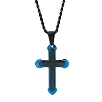 Men's black and blue ip stainless steel Padre Nuestro spanish prayer cross pendant