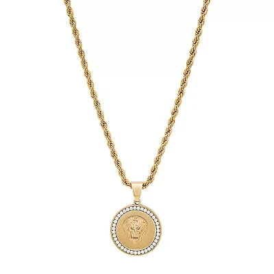 Lab Created Men's 18k gold plated stainless steel and simulated diamonds round lion's head pendant