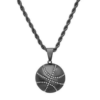 Lab Created Men's black ip stainless steel and simulated diamonds basketball pendant